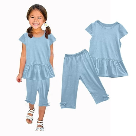 

Ismonst Baby Toddler Girls Summer Clothes Ruffle Sleeve Casual Clothing Suit Solid Snug Fit T-Shirt Capris Set 1-10Y