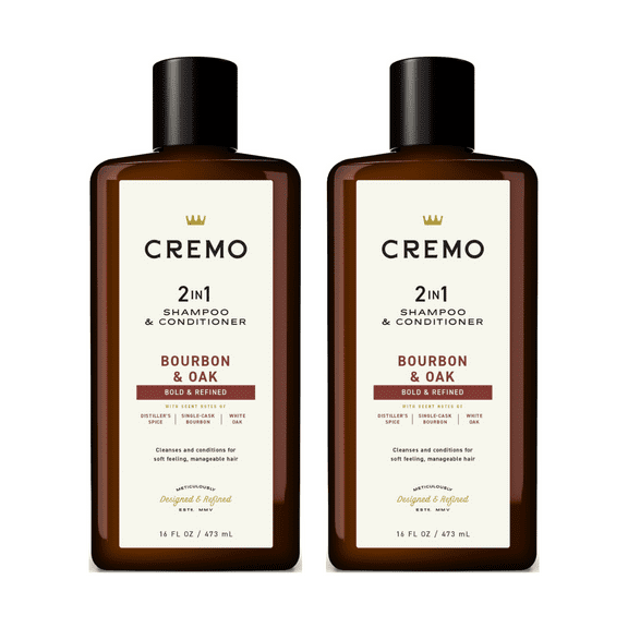 Cremo Bourbon & Oak 2-in-1 Shampoo & Conditioner, Barber Grade Quality that Moisturizes and Cleanses All Hair Types, 16oz (Pack of 2)