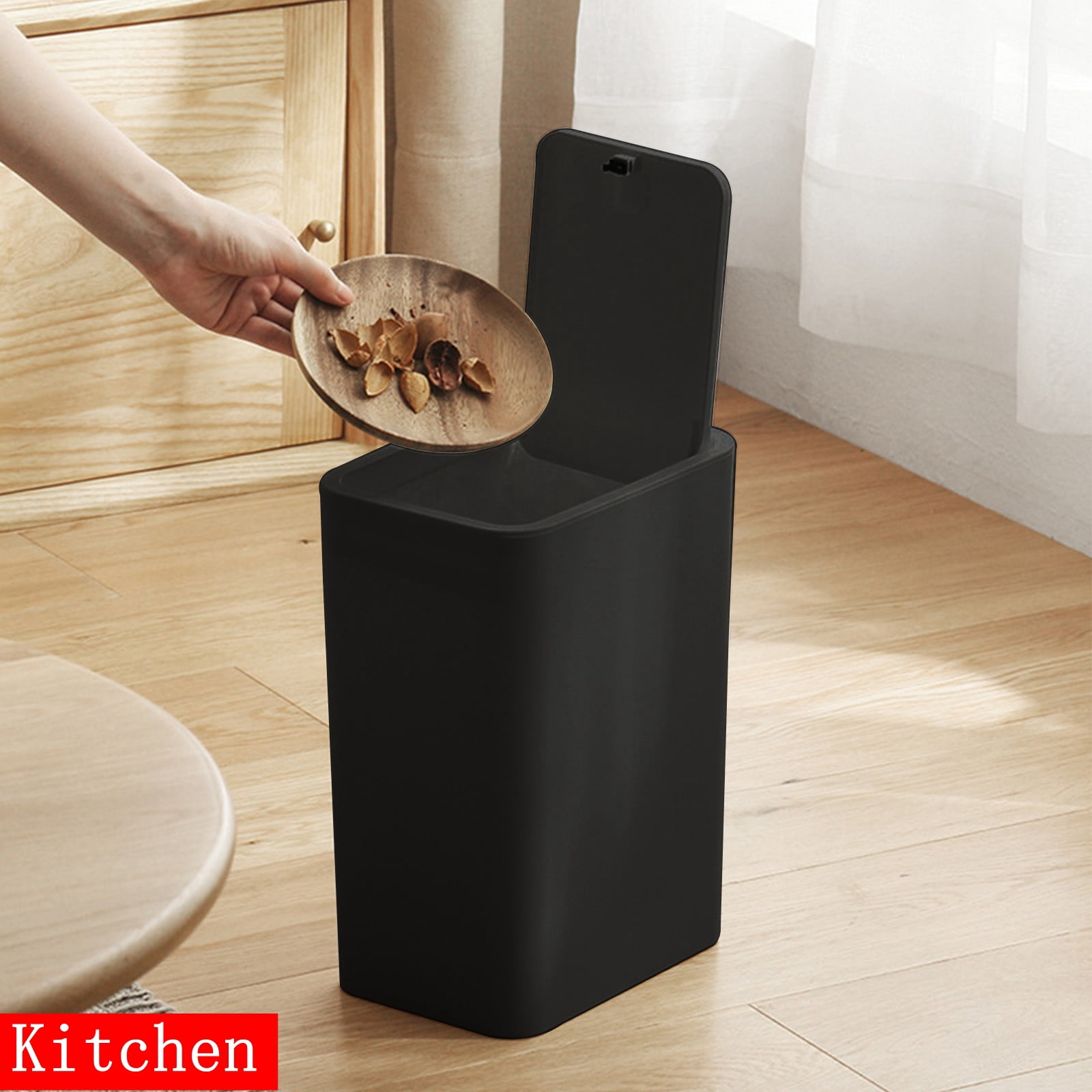 Bxaolu 3.0 Gallon Small Trash Can with Lid, Bathroom Garbage Can with Pop-Up Lid, Waste Basket for Bathroom, Kitchen, Bedroom, Powder Room, Craft Room, Office, College (Black)