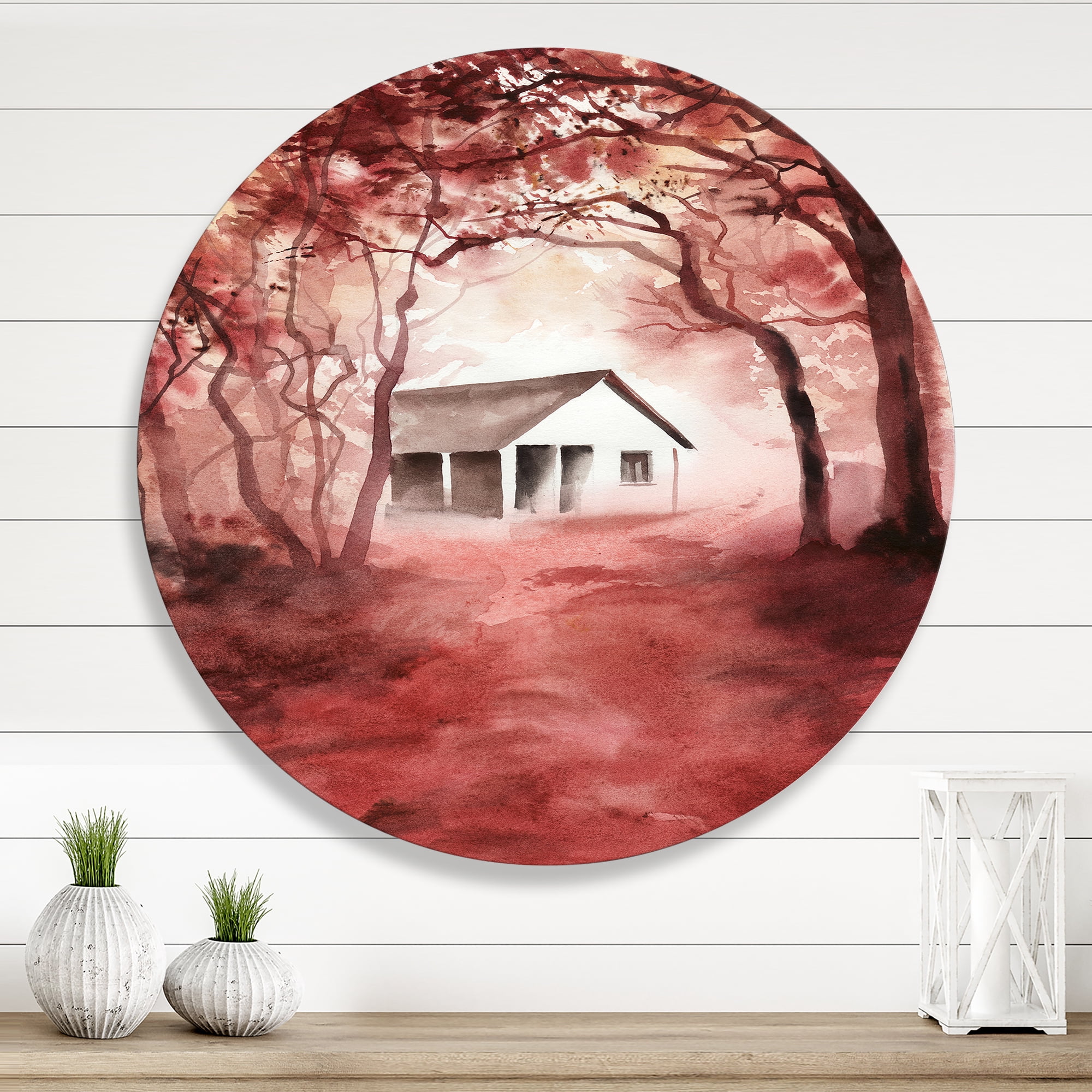 Designart 'Red Autumn Woods and A House in Wild' Cabin & Lodge Circle Metal Wall Art 23x23 - Disc of 23