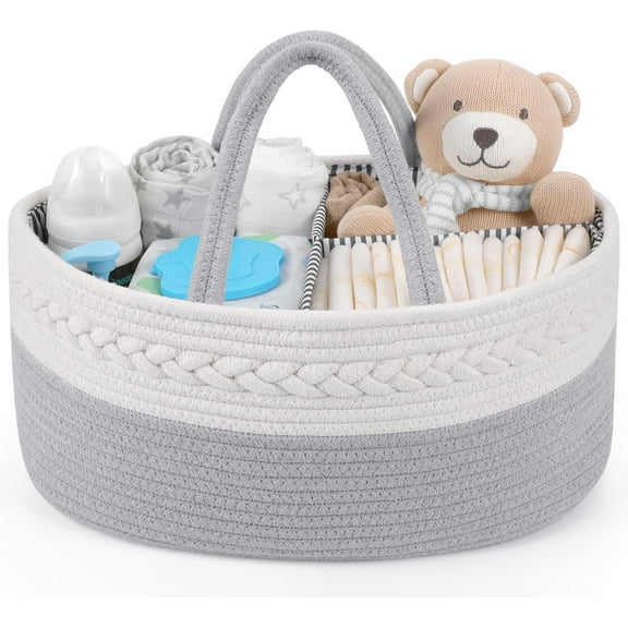 Diaper Caddy Organizer for Baby, Cotton Rope Baby Gift Basket, Portable Diaper Organizer for changing table, Diaper Nursery Storage Organizer, Baby Shower Gifts for Newborn,baby essentials-Large-Grey