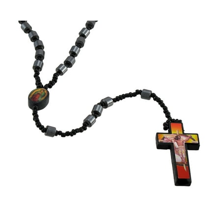Hematite Barrel Beaded Rosary Printed Graphic Cross Red