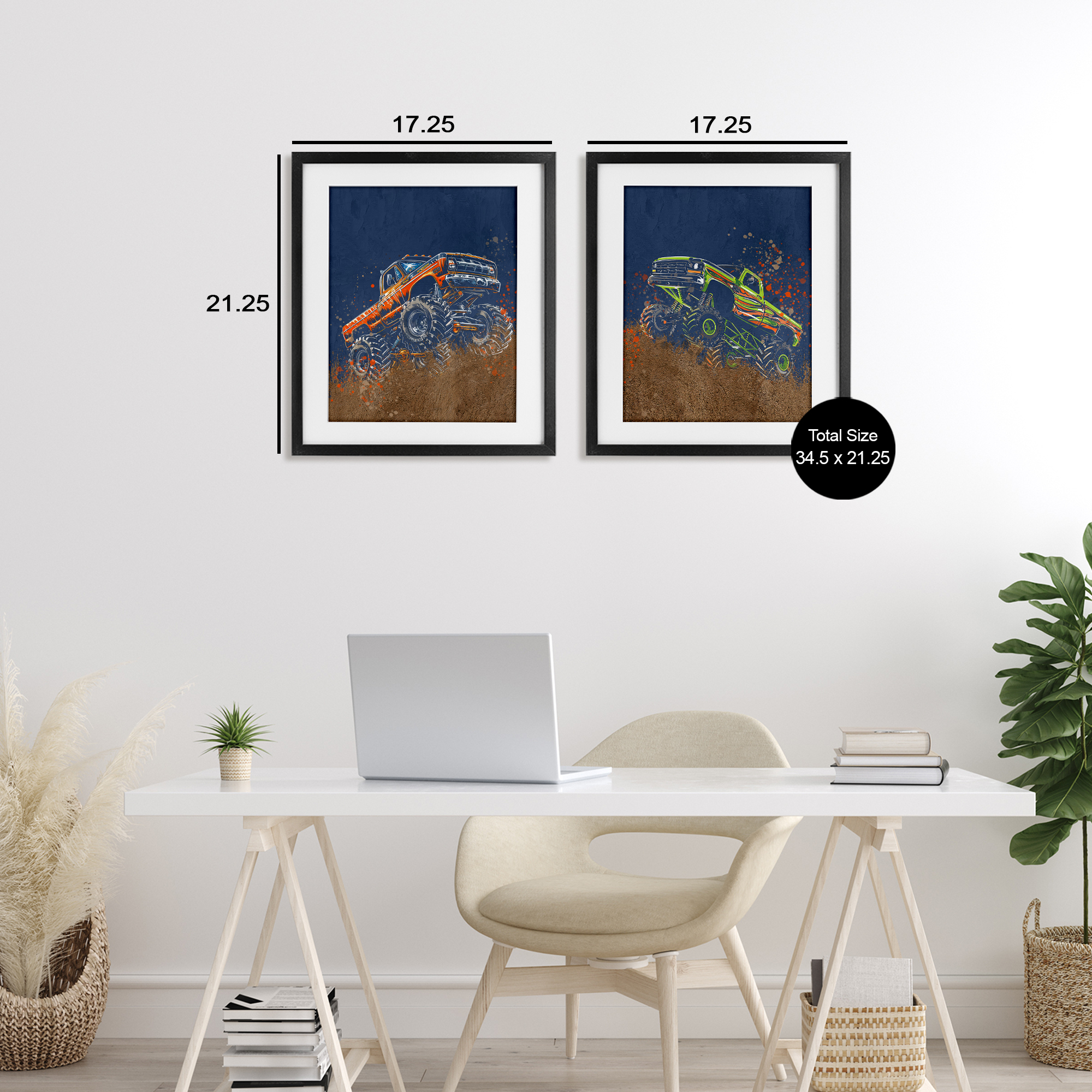 Monster Truck Jam 2 Piece Black Framed Print Under Glass Set, design by Kim Allen