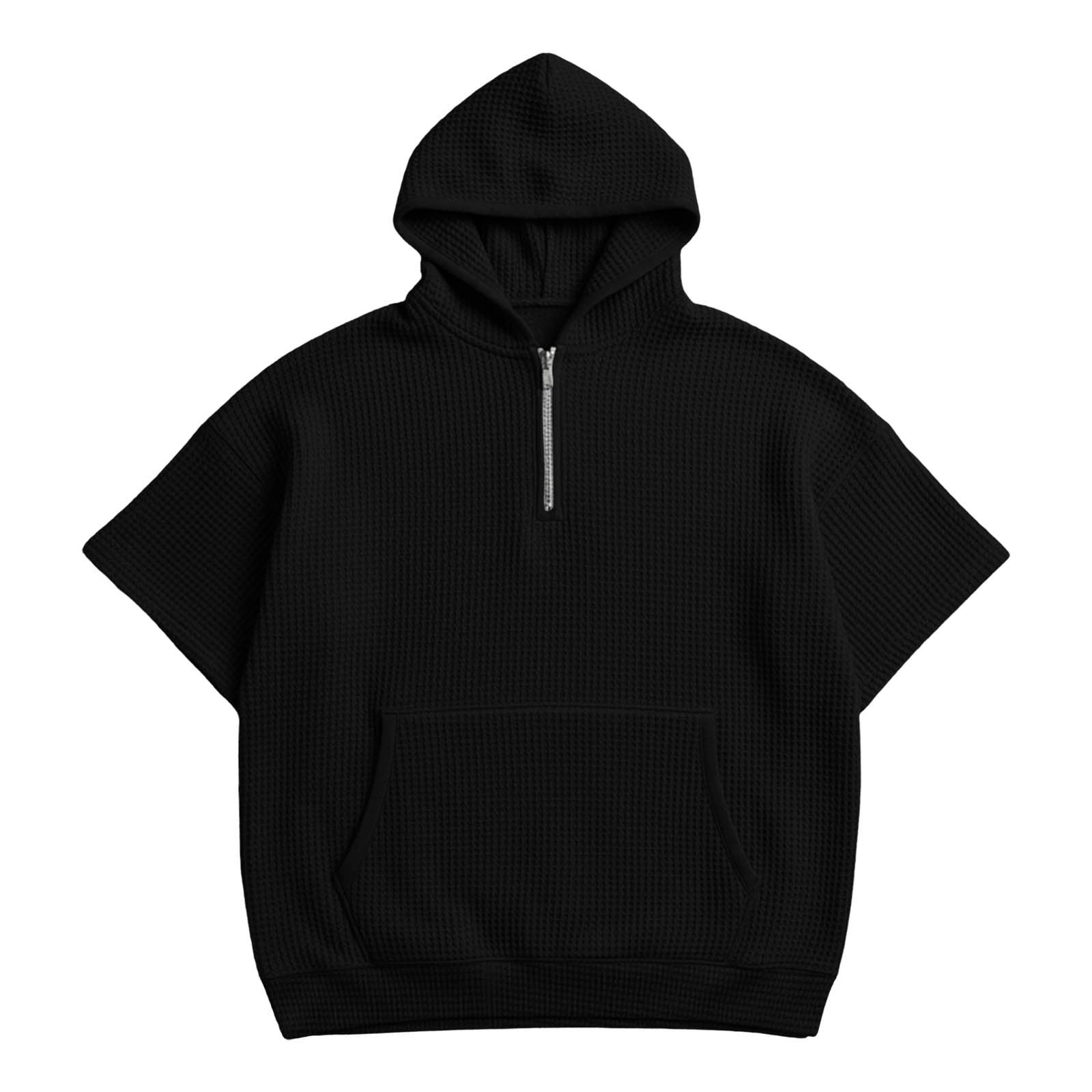 KIHOUT Men's Solid Color Waffle Texture Short Sleeve Hoodie Half
