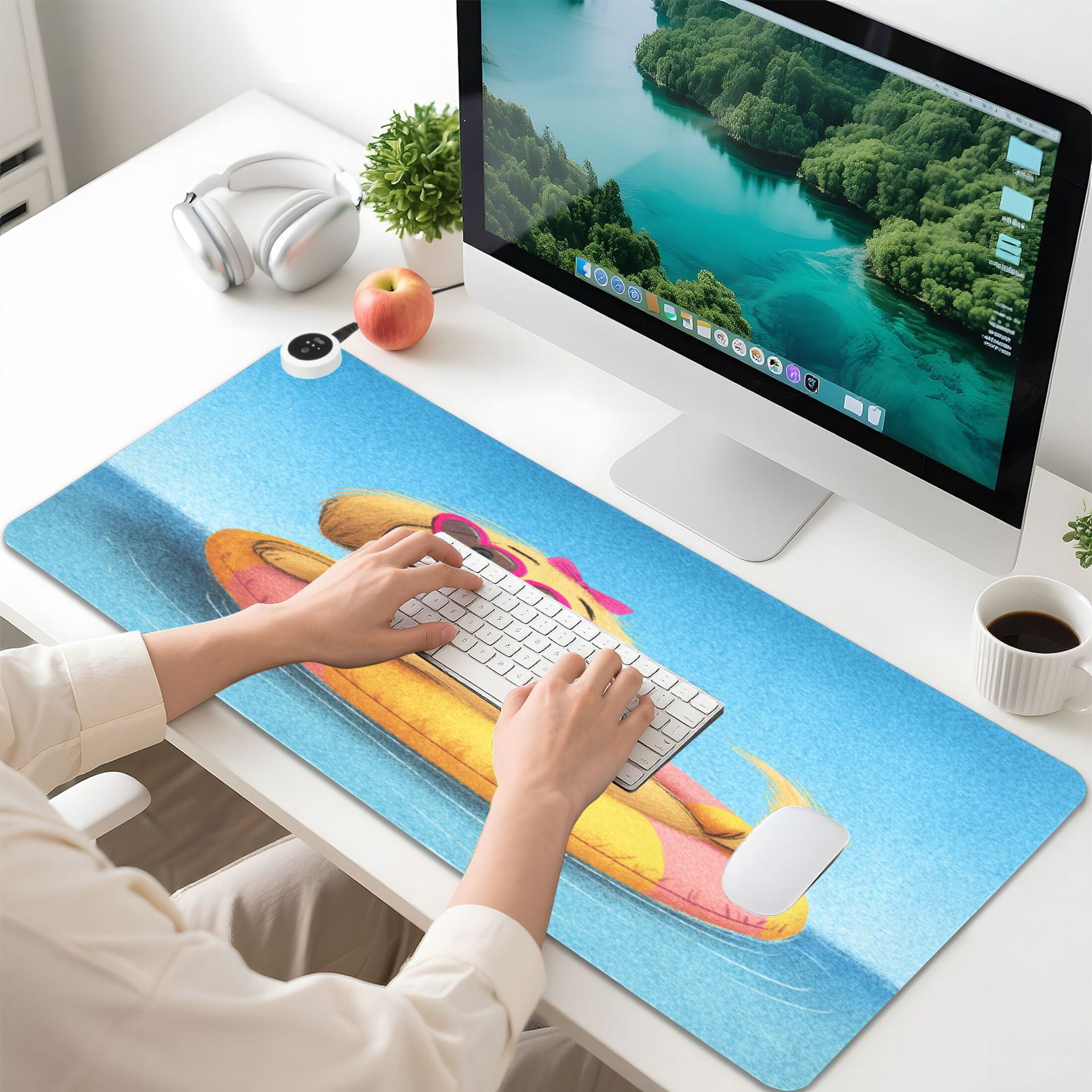 Large Heated Desk Mat Mouse Pad 31.5"x13"PU Leather Graphene Heating Desk Warmer with 3 Temperature Settings 110V US Plug Non-Slip Warm Pad for Home, Office, and Gaming Heart Glasses Dog Pattern