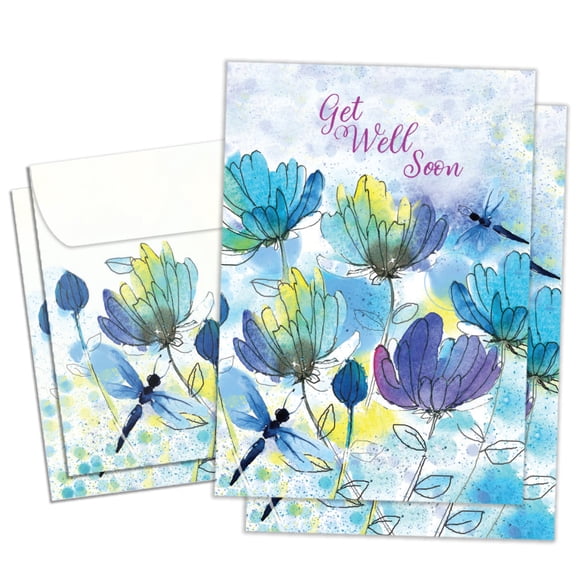 Tree-Free Greetings Get Well Greeting Card 2 Pack, 5 x 7, Blue Floral Dragonflies (GT69886)