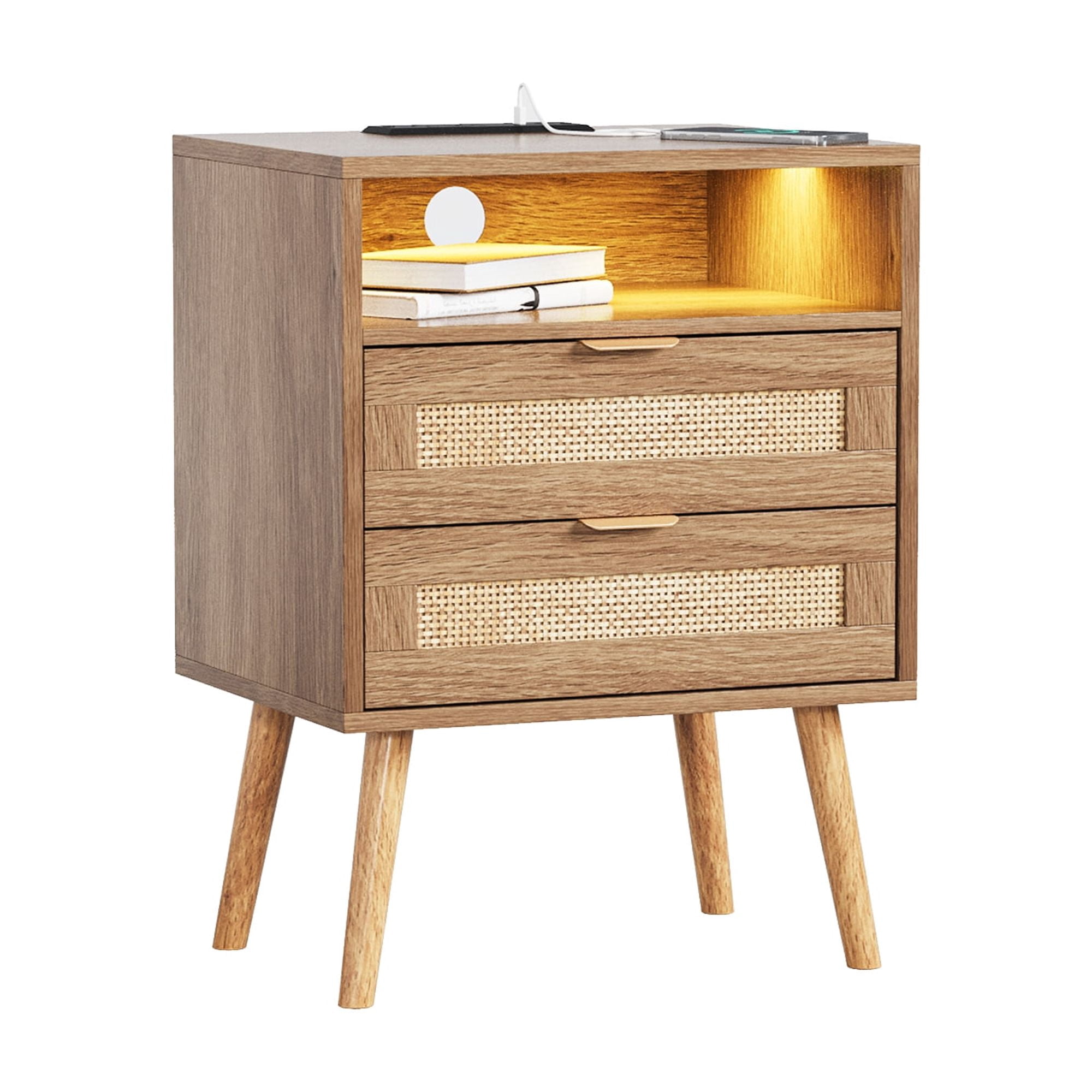 Vabches Rattan Nightstand with USB and 2 Drawers for Bedroom, Living Room (1 Pack)