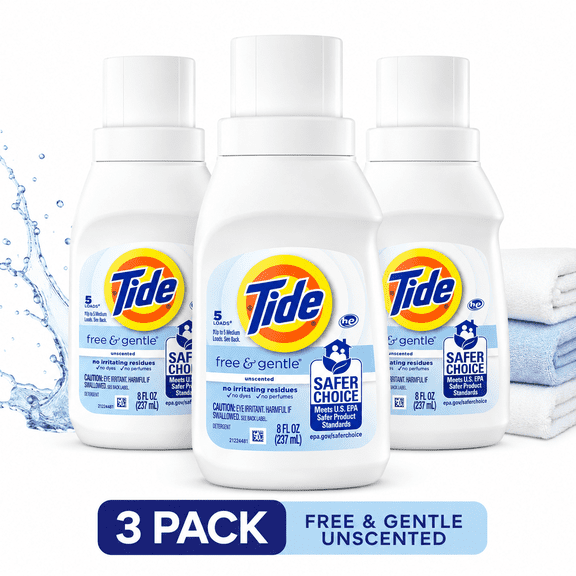 Tide Free & Gentle Laundry Detergent Unscented 8 Fl oz Bottles (Pack of 3) 5 Loads Each HE Compatible,Hypoallergenic Travel Size