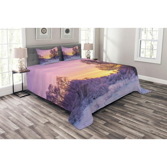 Ambesonne Winter Quilted Bedspread Set 3 Pcs, Landscape with Sunset, Queen Size, Pink White