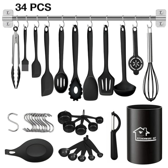 Fabulas 34 PCS Kitchen Utensils Set, Black Silicone Cooking Utensils Set with Holder, 446°F Heat Resistant Non-Stick Kitchen Essentials Tools for Home