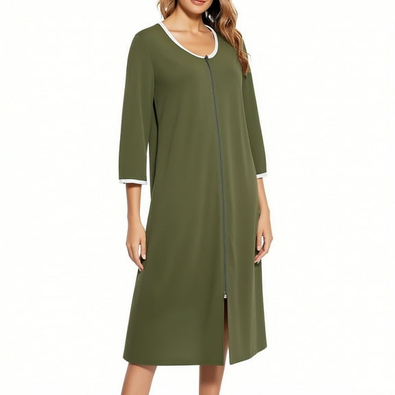 Sakmal Comfy Moomoo Nightgowns Women Long Full Zip Green Sleepshirt Long Sleeve Solid Nightgowns with Pockets
