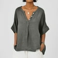 thumbnail image 2 of Women's Summer Linen T-Shirt 2025 Trendy Casual Short Sleeve V-Neck Button Blouse Loose Fit Beach Top, 2 of 2