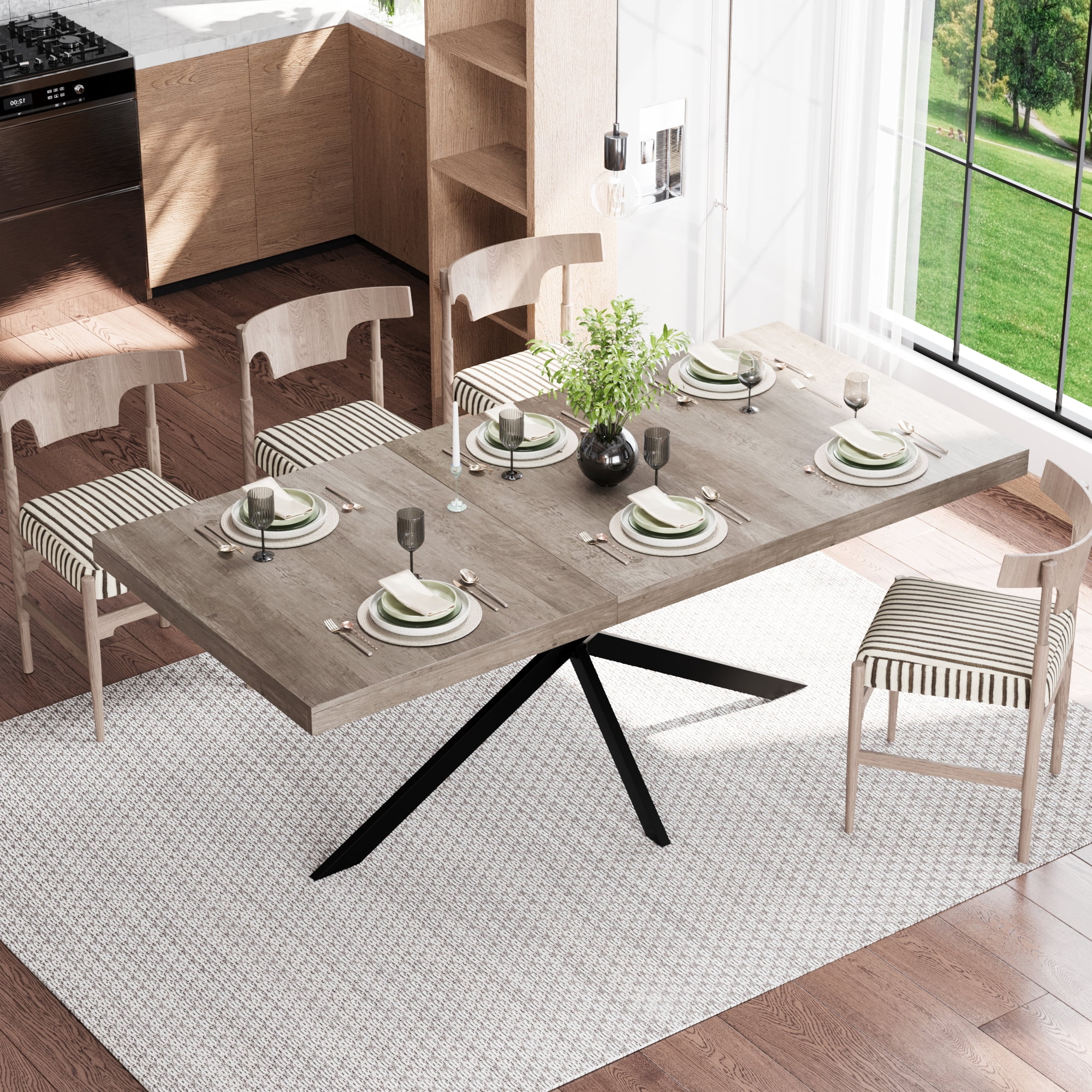 BSHTI 55.11"-70.86" MDF Extendable Rectangular Dining Table with Metal Base and Storage Box for Kitchen/Dining Room（Gray）