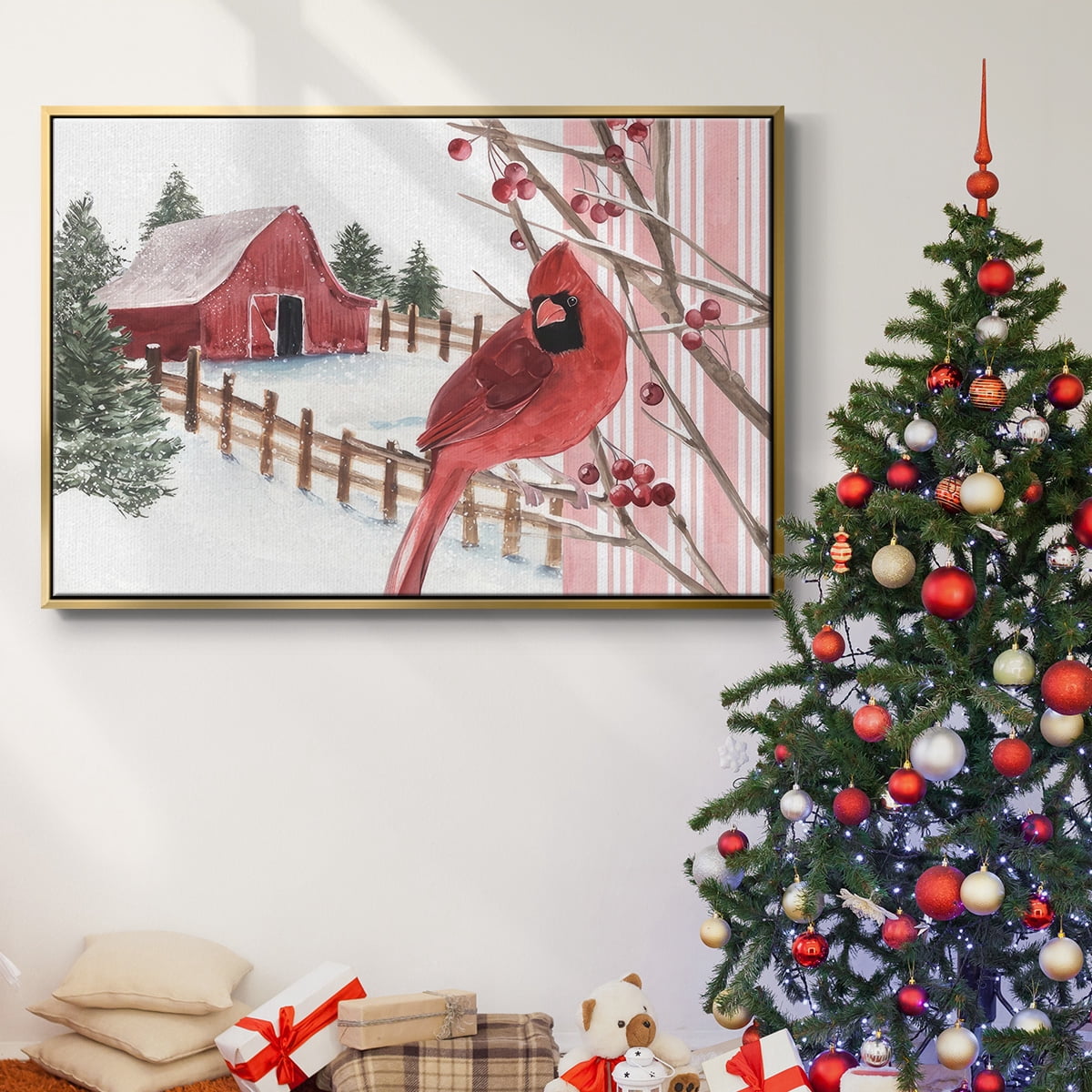 Winter Cardinal Collection A - Framed Gallery Wrapped Holiday Canvas - 17 x 25 - Gold Frame