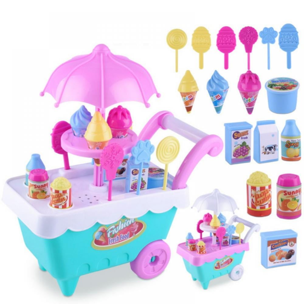 39pcs Ice Cream Sweets Cart with Lights Set Role Pretend Play Kids Food Toy-Uk 