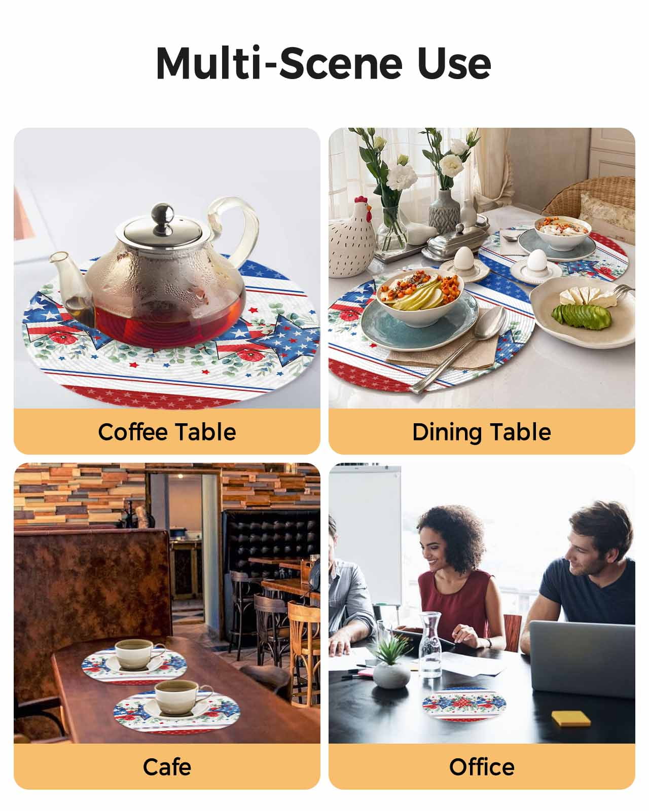Red White Blue Patriotic Stars Round Table Placemats set of 6, Eucalyptus Leaves Poppy Washable Woven Place Mats for Dining Tables Kitchen Party Decor,Heat Proof, 15in,