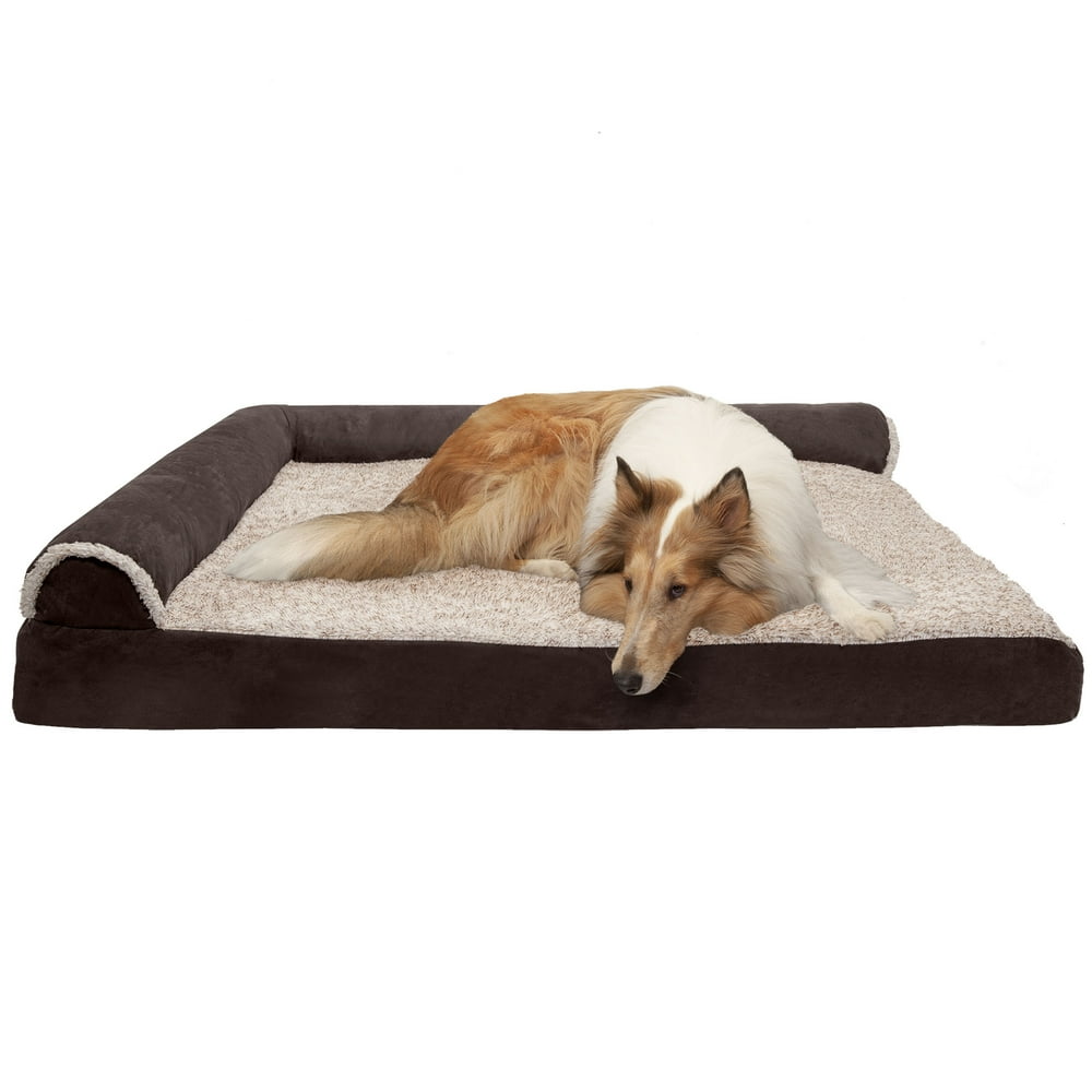 FurHaven Pet Dog Bed | Deluxe Cooling Gel Memory Foam Orthopedic Faux Fur & Suede L-Shaped