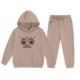 thumbnail image 5 of Conjunto de sudadera con capucha de manga larga para niños con estampado invernal y pantalones deportivos con lazo en las piernas, deportivo informal con forro polar para mayor calidez, conjunto de do, 5 of 5