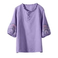 thumbnail image 6 of fatyb Plus Size Linen Shirts Embroidery Short Sleeve Button up Vintage Tops Casual Boho Blouses for Women, 6 of 7