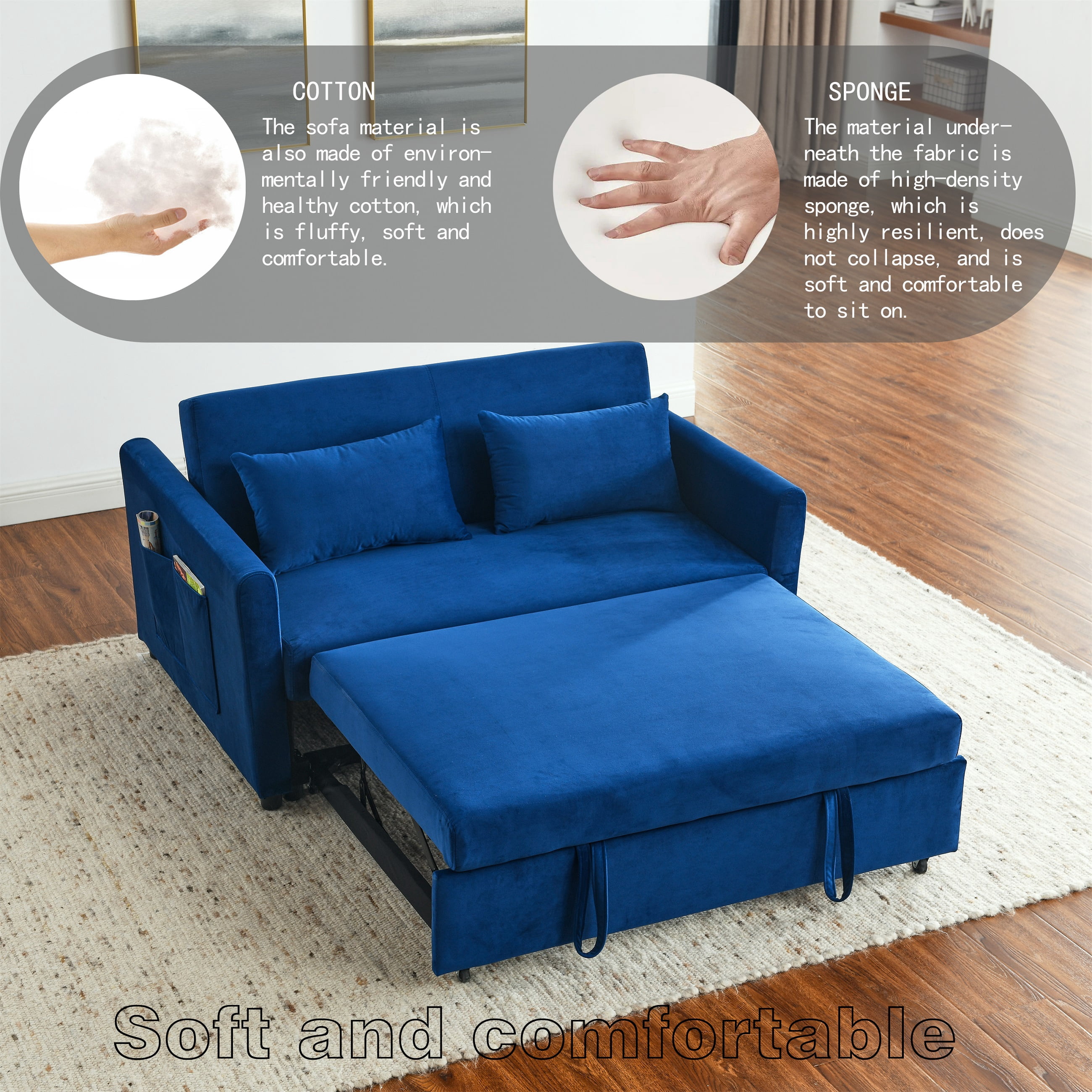Momspeace&nbsp;Pull Out Sofa Bed Sleeper Sofa Couch Sofa Bed with Adjustable Backrest Velvet Loveseat For Living Room - Blue