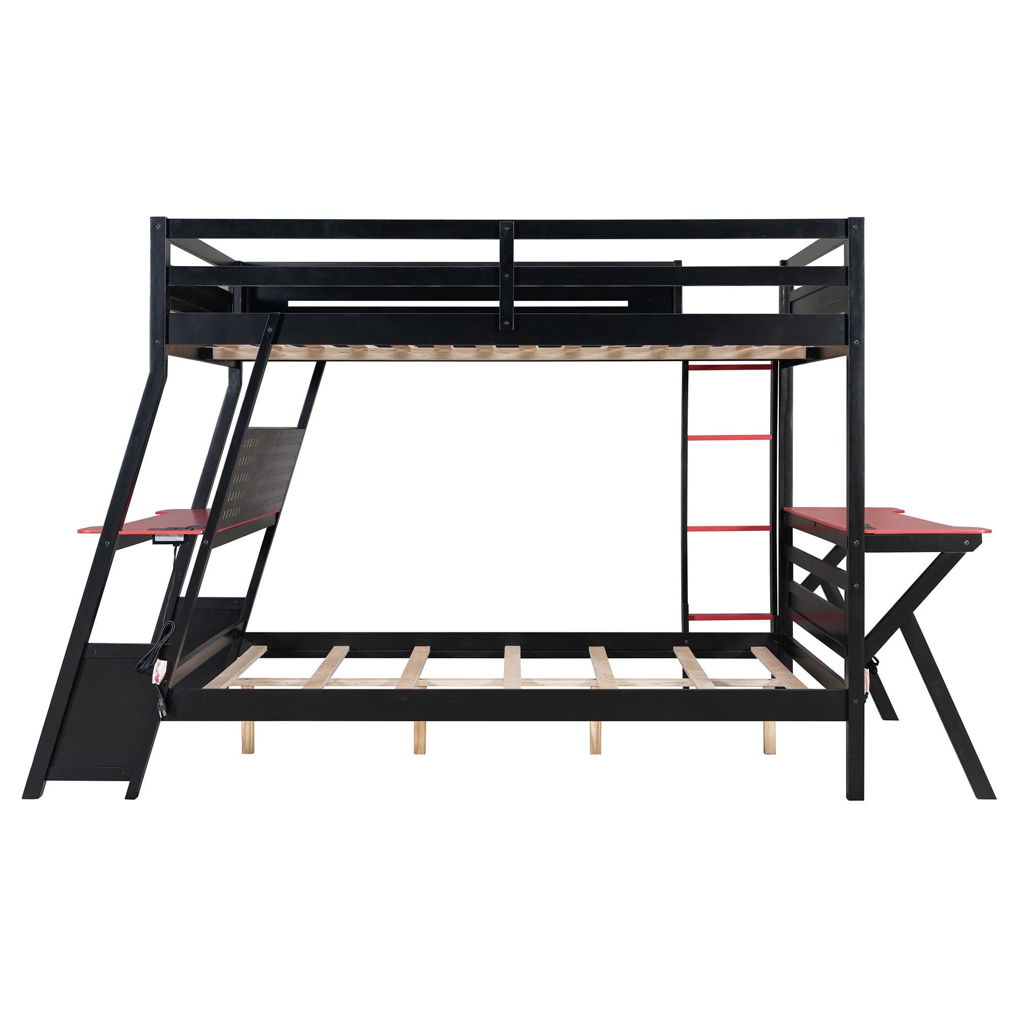 Aukfa Full over Full Bunk Bed with Built-In Desks, USB Charging Ports & Pegboard Organizer, Wood E-Sports Gaming Bed Frame for Kids/Teens, Red