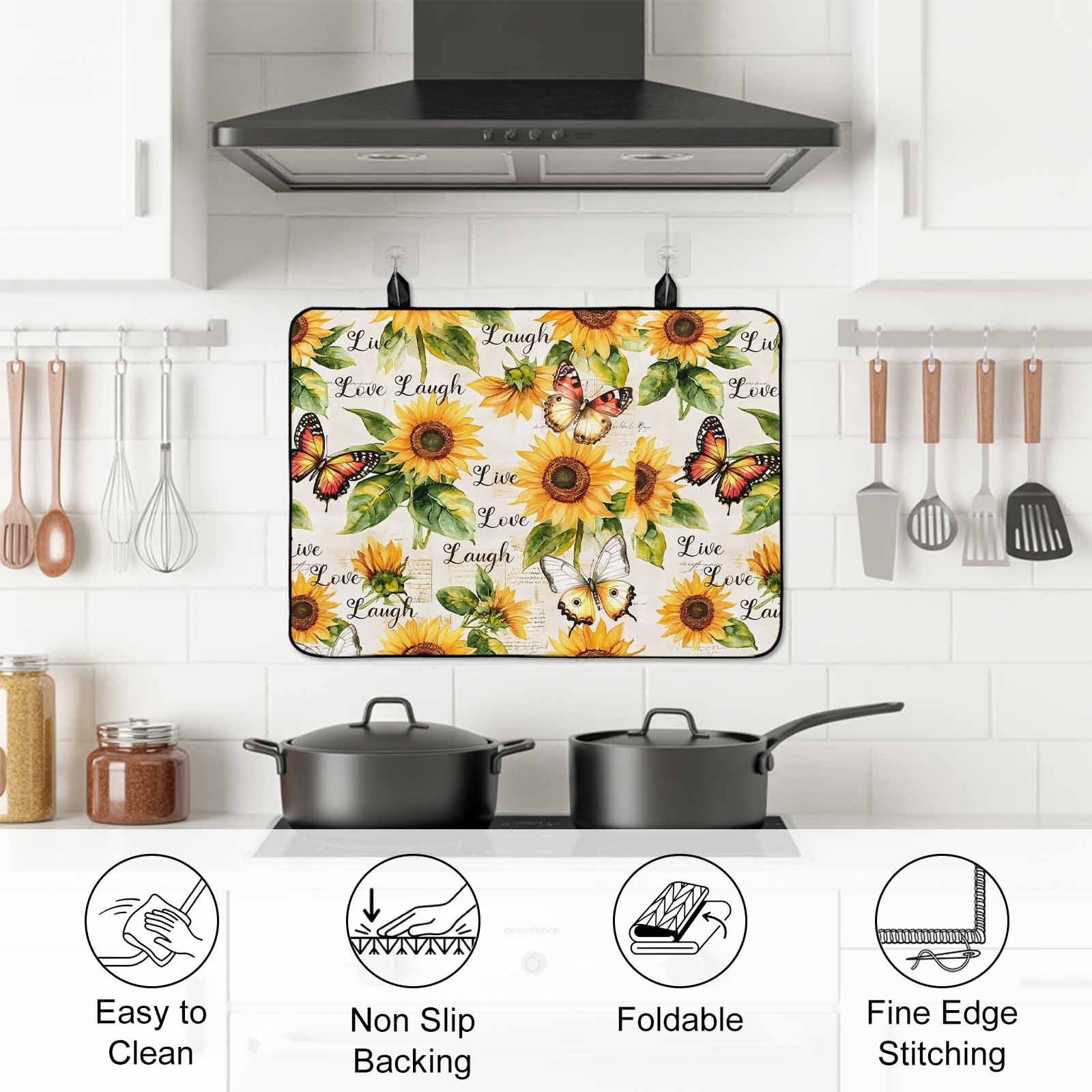 Sunflower Stove Top Cover for Electric Stove, Heat-proof & Non Slip Glass Top Stove Cover Protector, Summer Botanical Vintage Spring Floral Butterfly Kitchen Flat Cooktop Rubber Mat 24x21 Inches