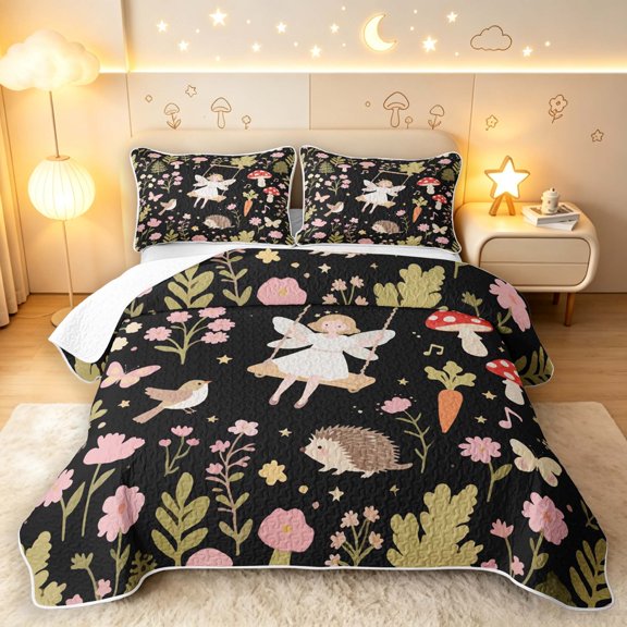 Homewish Cute Fairies Bird Hedgehog Twin Quilt Set,Kawaii Mushrooms Flowers Twin Coverlet Set,Black,Black Reversible,2pcs