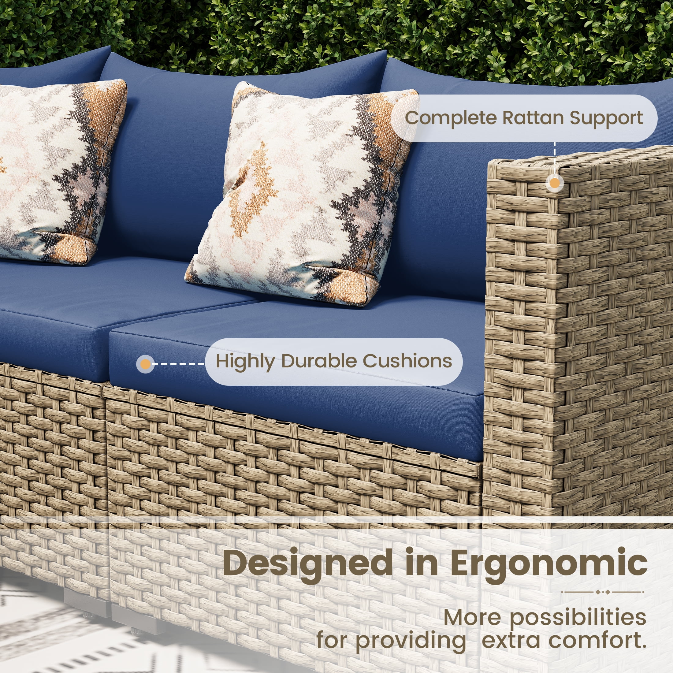 POTEBAN 5 Pieces Outdoor Patio Furniture Set, Outdoor Wicker Patio Conversation Set with Cushions for Backyard, Porch, Garden(Navy Blue)