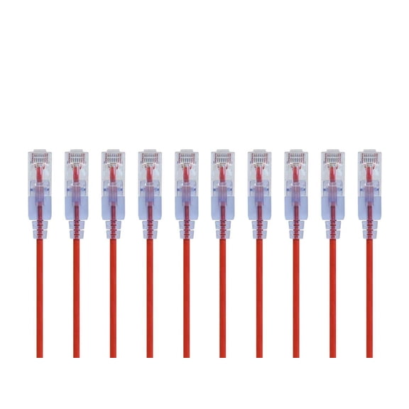 RiteAV Cat6A 2ft Red 10-Pk Patch Cable UTP 30AWG 10G Pure Bare Copper Snagless RJ45 SlimRun Series Ethernet Cable
