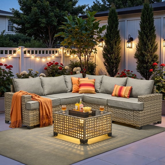 Ovios 6-Piece Outdoor Patio Furniture Set with Solar-Powered Lighted Coffee Table, All-Weather Wicker L-Shaped Sectional Sofa, Dark Gray