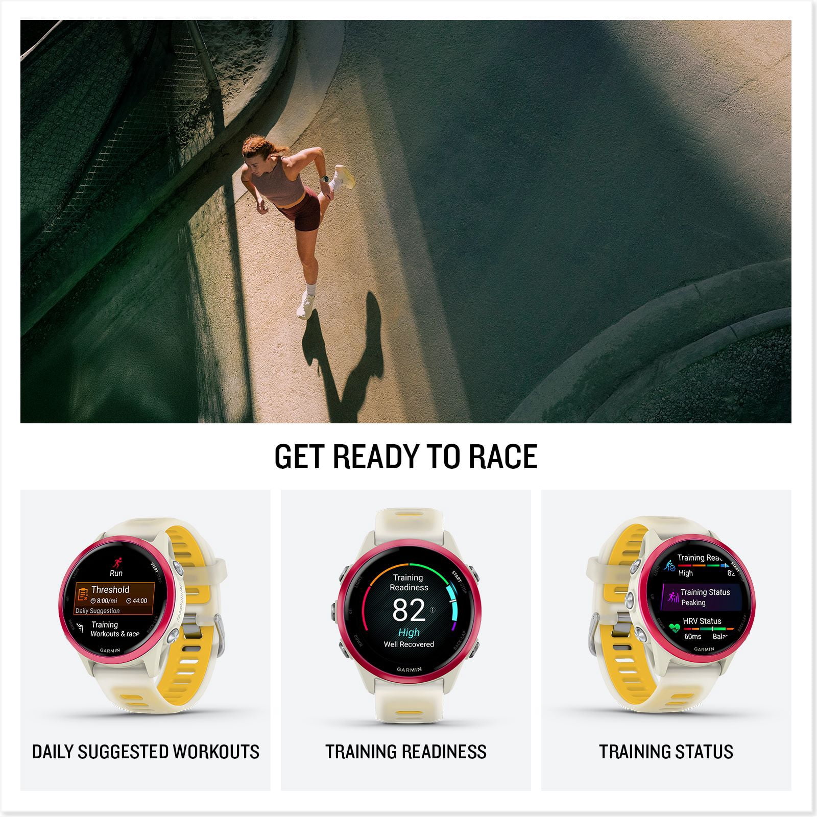 Garmin Forerunner 570, 42mm, Advanced GPS Running and Triathlon Smartwatch, AMOLED Display, Training and Recovery Features, Raspberry Aluminum with Translucent Bone/Mango Band