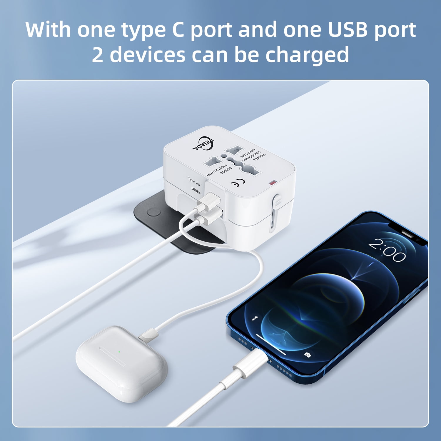 Universal Travel Adapter, International Plug Adapter with 2 USB Ports (1 USB C), PIGADA Worldwide Wall Charger AC Power Plug Converter Adaptor for US to EU UK AUS Asia