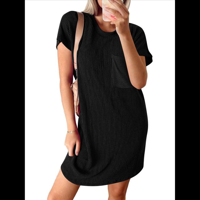 Vestido Mini Informal de Verano para Mujer, con Cuello Redondo, Corta y Canalé Negro S