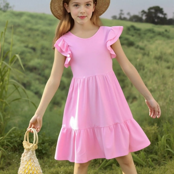 qolati Girls Summer Dresses Double Pleated Flutters Sleeve Casual Dresses Cute Solid Crew Neck High Waist A Line Tween Sundress Size 5-14 Years