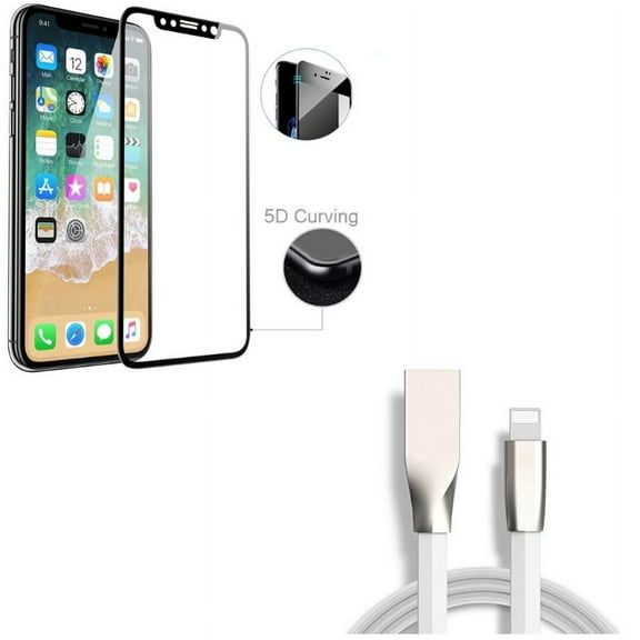 iPhone XS/X - Tempered Glass Screen Protector w 6ft USB Cable - 5D Touch Curved Edge Full Cover Bubble Free Case Friendly 9H Hardness, Flat Charger Cord Power Wire Sync Zinc Alloy