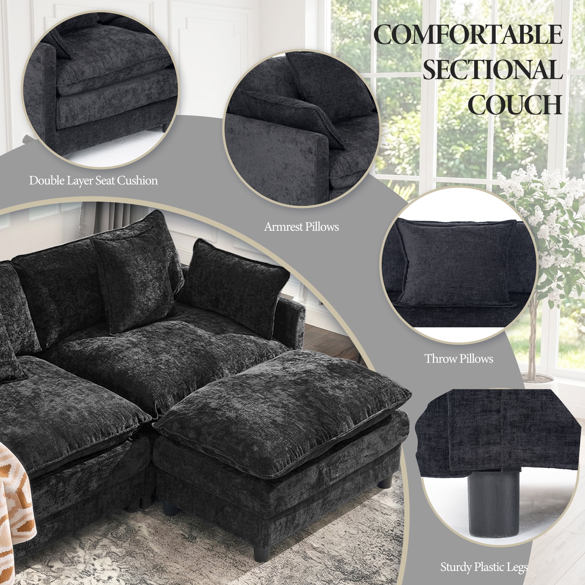 AISWORD 120" L Shaped Modular Sectional Sofa, Cloud Couch with Movable Ottoman, 4 Seat Chenille Deep Seat Sofa with Throw Pillows for Living Room, Black