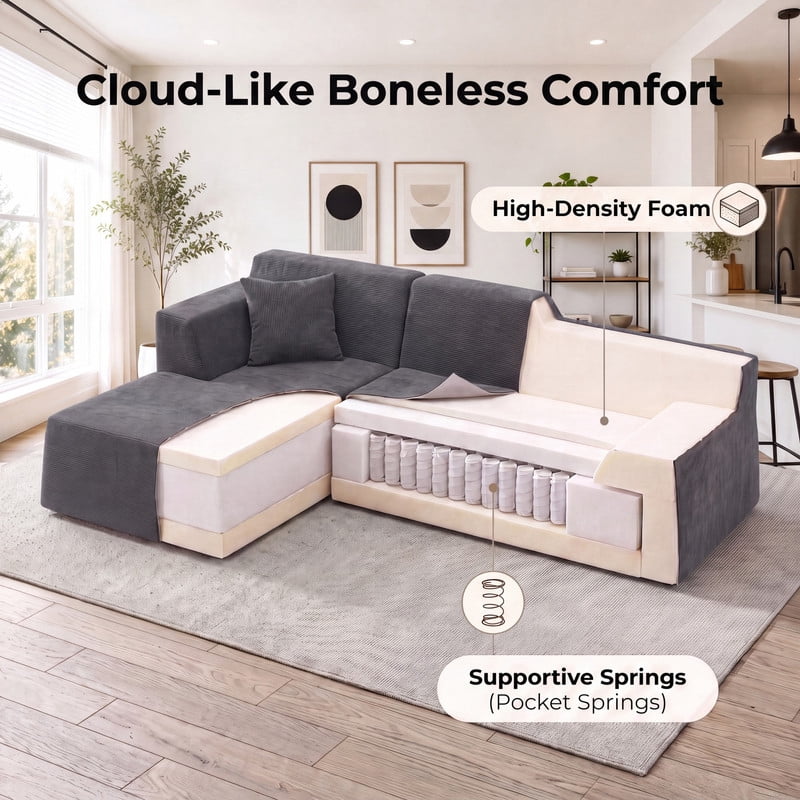 Gewnee 97" L-Shaped Sectional Sofa, Modern Corduroy Modular Sofa Couch with Deep Seat, High Back Cloud Couch, Convertible Ottoman Sectional Couch for Living Room, Black