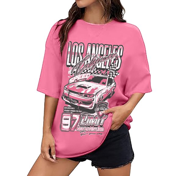 Graphic Tees for Women's Oversized Graphic Print Tee for Casual Everyday StyleDrop Shoulder Short Sleeve Cartoon Graphics Shirt Pink XXL