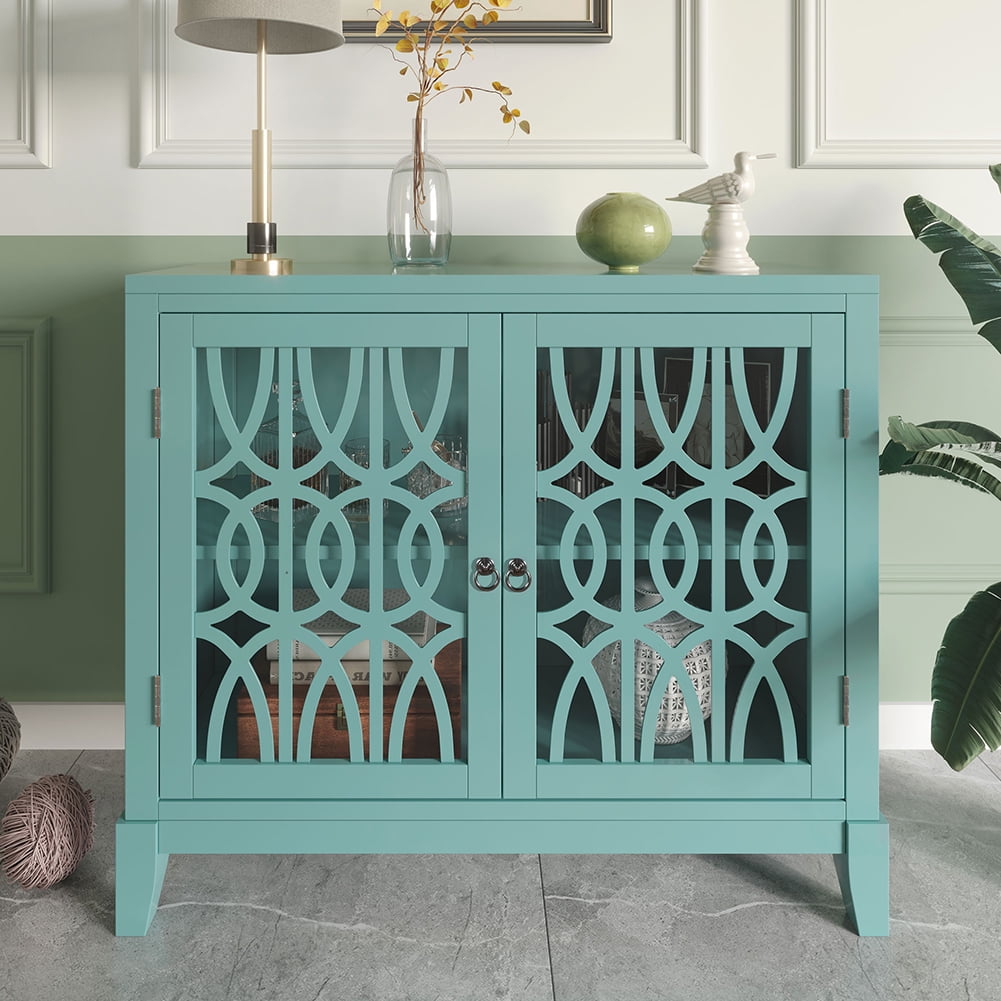 Private Jungle Wood Accent Buffet Sideboard Storage Cabinet with Doors and Adjustable Shelf, Entryway Kitchen Dining Room,40 Inch,Navy Green