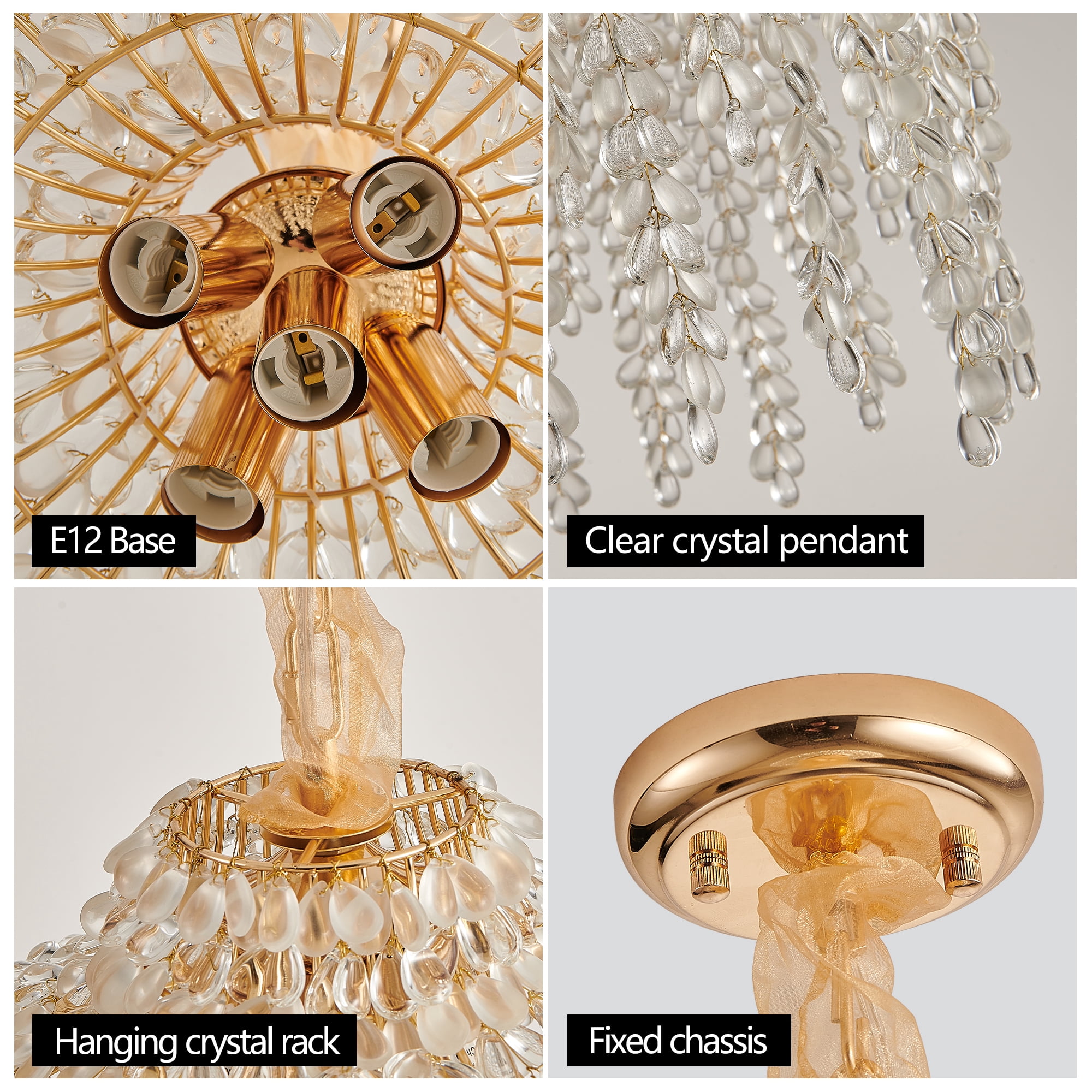 15.7 Inch Crystal Chandelier, Adjustable Height Pendant Light with Grape-Shaped Crystal Bead Strings, Modern Ceiling Hanging Lamp Fixture for Living Room, Bedroom, Dining Room
