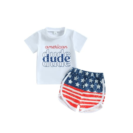 

Genuiskids 2Pcs Infant Baby Boy 4th of July Outfits Summer Short Sleeve Letter T-Shirt Top American Flag Shorts Set Independence Day Clothes 3-24M