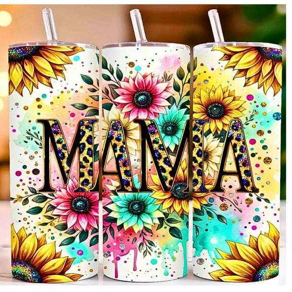 Alpha Printing 20oz Tumbler with Straw – Mama Multicolor Sunflowers Full-Wrap Design