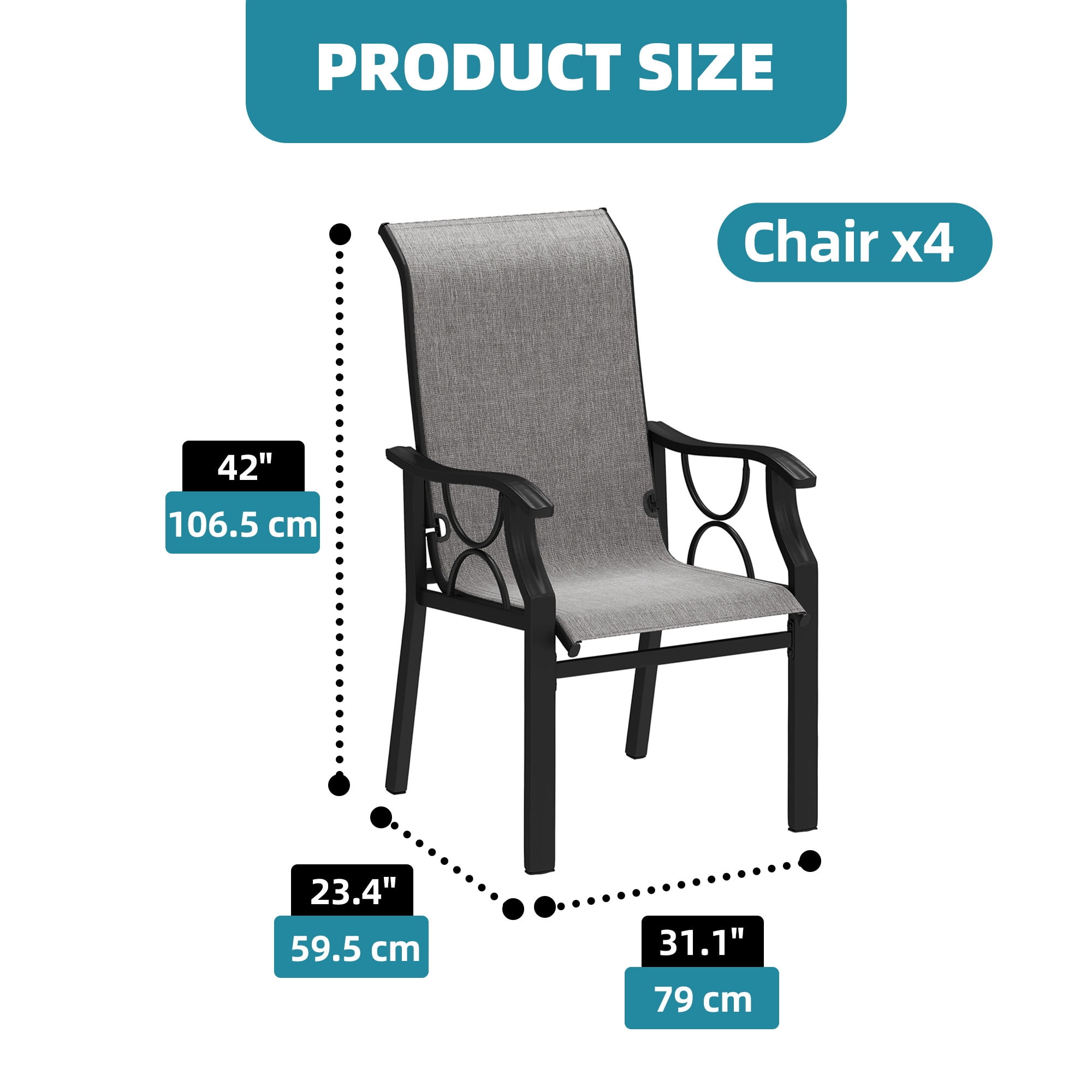 Uforic Patio Dining Chair, Gray Textilene Fabric, Sturdy Iron Frame, Straight Legs, Heavy Duty 150kg Capacity, 2 Pieces per Box for Outdoor Use
