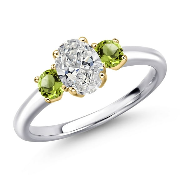 Gem Stone King 925 Silver and 10K Yellow Gold DEF Lab Grown Diamond and Green Peridot Engagement Ring for Women | 1.11 Cttw | Oval 7X5MM | Gemstone April Birthstone | Size 9