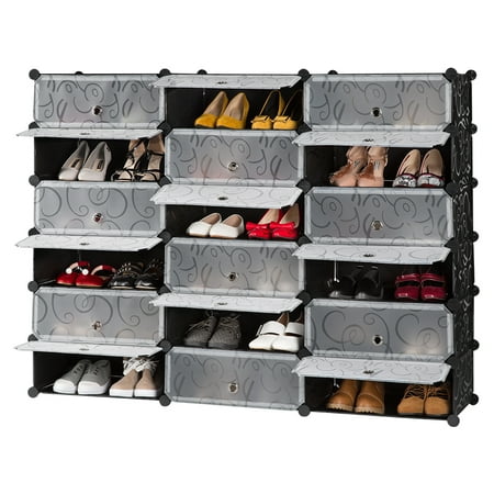 Drawer Unit Storage LANGRIA 18-Cube DIY Shoe Rack, Storage Drawer Unit Multi Use Modular Organizer Plastic Cabinet with Doors, Black and White Curly Pattern ()
