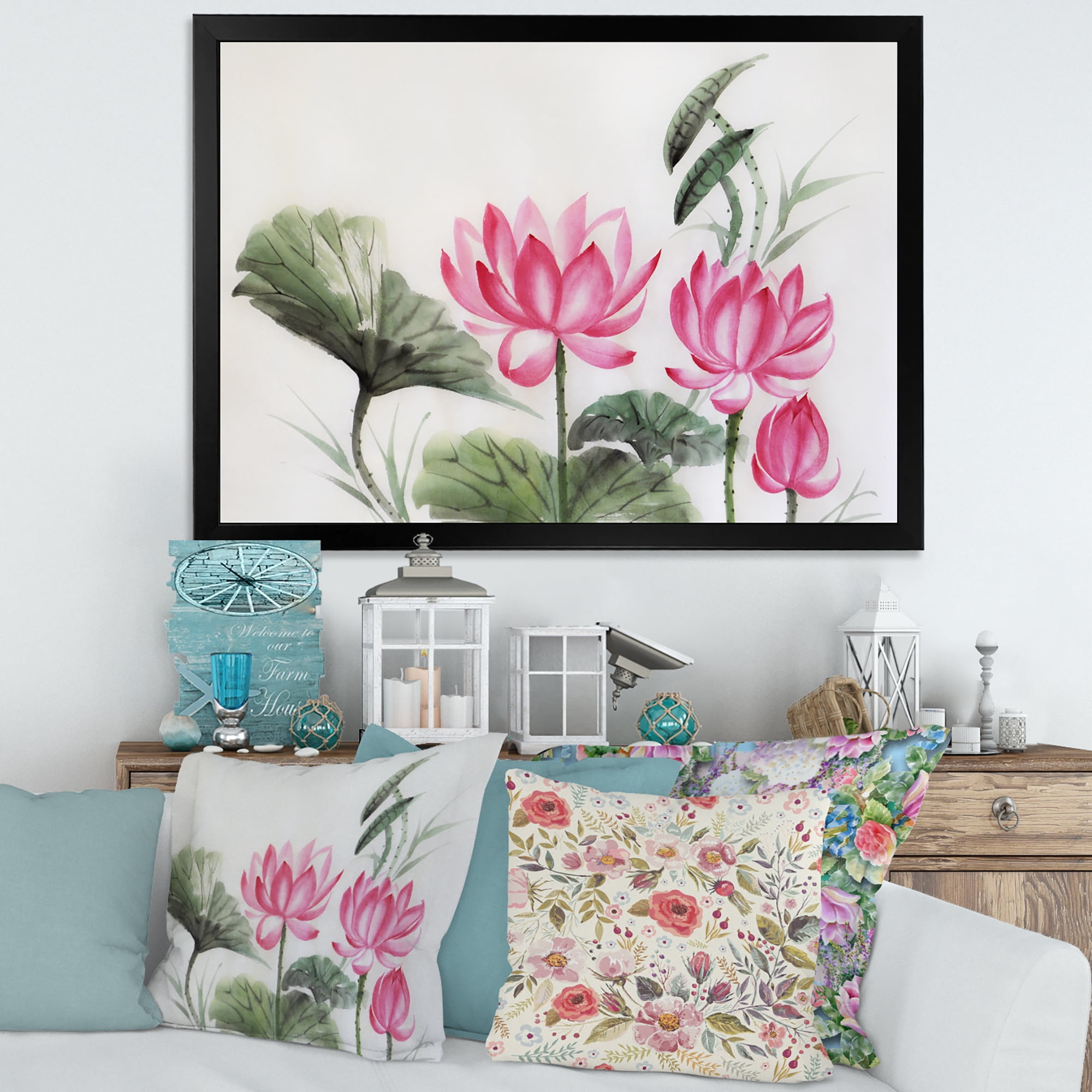 Designart 'Ancient Pink Lotuses In The Pond I' Traditional Framed Art Print