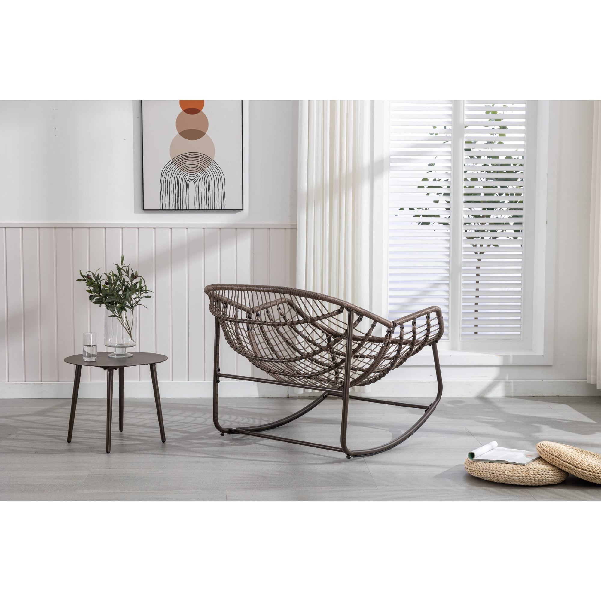 Leumius Outdoor Rattan Rocking Chair, Padded Cushion Rocker Recliner Chair Outdoor for Front Porch Living Room Patio Garden, Grey