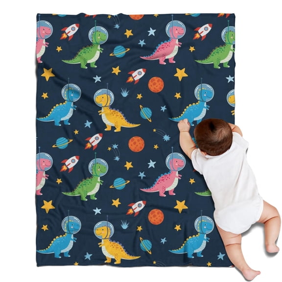 Blue Cartoon Dinosaurs Rockets Pattern Blanket,Comfortable Soft Lamb Wool Throw Blanket,All Season,Warm Lightweight Blankets for Sofa Bed Couch Living Room Chair,30"x40"