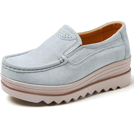 Platform Loafers for Women Slip on Wedge Penny Loafer Comfort Casual Dressy Walking Driving Shoes Wide Width Round Toe Suede Moccasins