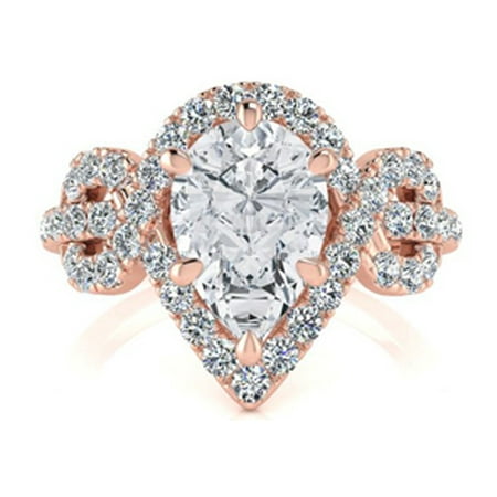 - 1 1/2 Carat Pear Shape Halo Diamond Fancy Engagement Ring In 14K Rose Gold Size 6